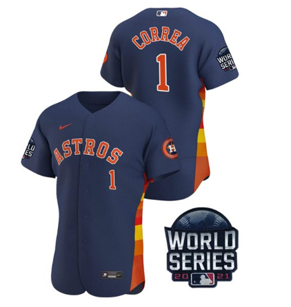 Men's Houston Astros #1 Carlos Correa 2021 Navy World Series Flex Base Stitched Baseball Jersey Men's Houston Astros #1 Carlos Correa 2021 Navy World Series Flex Base Stitched Baseball Jersey